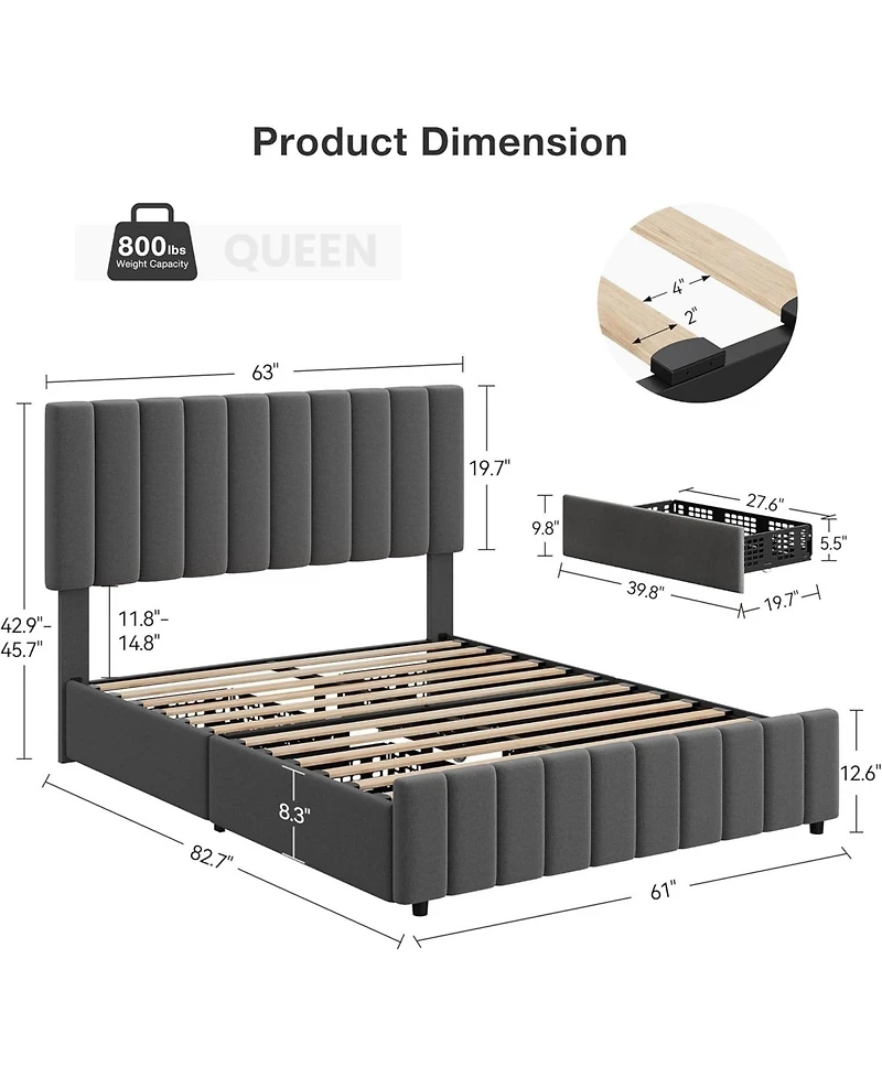 gaomon Linen Upholstered Platform Bed Frame with 4 Storage Drawers, Adjustable Headboard, Wooden Slats Support, No Box Spring Needed.