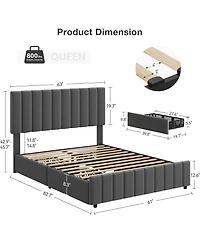gaomon Linen Upholstered Platform Bed Frame with 4 Storage Drawers, Adjustable Headboard, Wooden Slats Support, No Box Spring Needed.