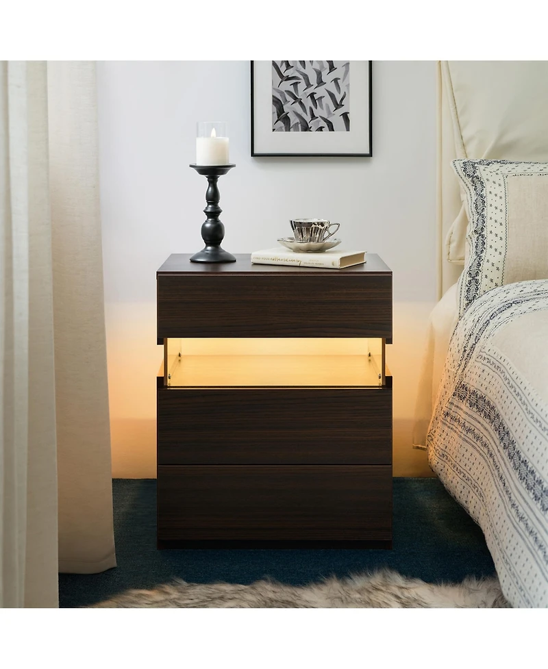 Rainsken Led Nightstands with 3 Storage Drawers, Modern Bedside Tables with Acrylic Board Led Lights