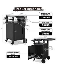 Rainsken 33.9" Outdoor Grill Cart with Drop Leaf, Metal Bar Cart with Wheels, Stainless Steel Top, Storage Cabinet, Spice and Paper Rack for Bbq