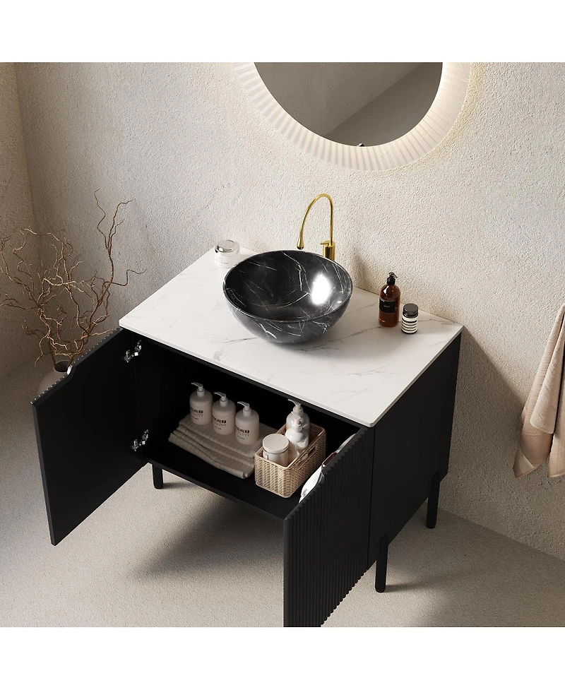 Sillysis 30" Bathroom Vanity with Ceramic Bowl Sink, Carrara Sintered Stone Countertop, 2 Soft-Close Doors, Modern Freestanding Storage