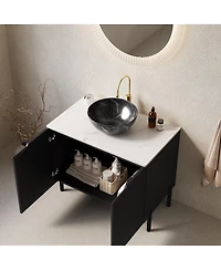 Sillysis 30" Bathroom Vanity with Ceramic Bowl Sink, Carrara Sintered Stone Countertop, 2 Soft-Close Doors, Modern Freestanding Storage