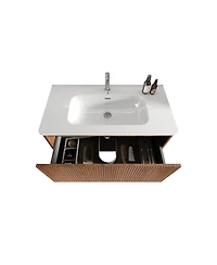 Sillysis 36" Walnut Floating Bathroom Vanity with Integrated Ceramic Sink & Push Open Drawer, Wall Mounted for Modern Bathroom