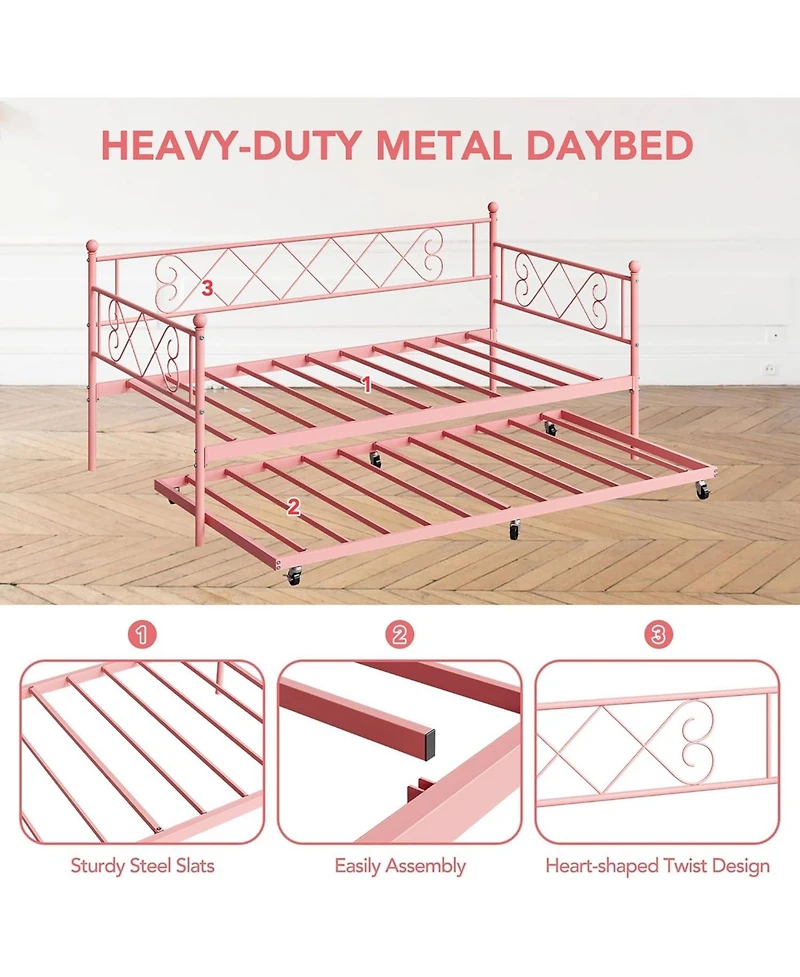 Gaomon Daybed with Trundle Metal Twin Daybed Frame Headboard Platform Sofa Bed Metal Slats Bedroom Living Room Guest