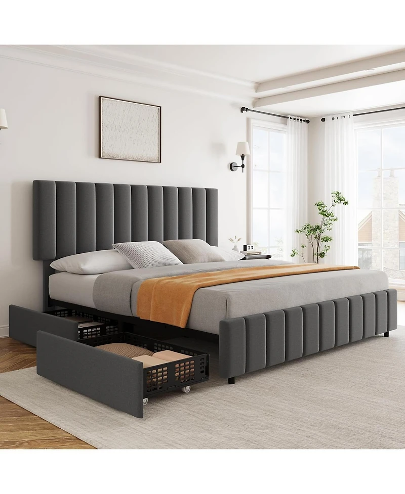 gaomon Linen Upholstered Bed Frame with 4 Storage Drawers, Adjustable Headboard, Sturdy Wooden Slats, No Box Spring Required