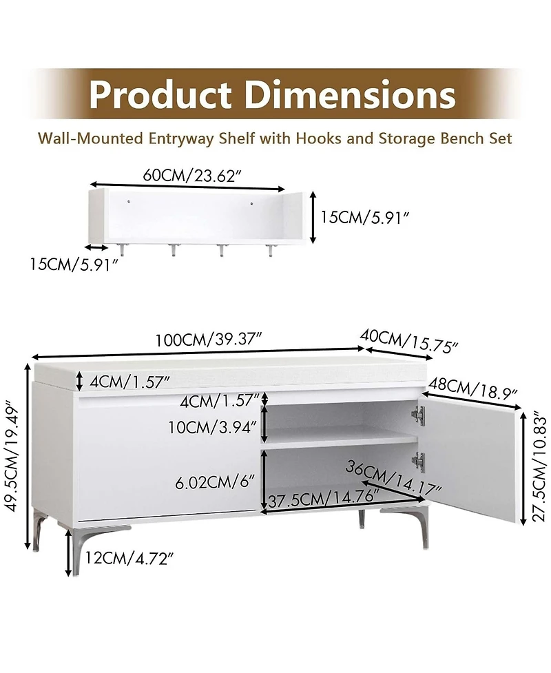 Rainsken Wall-Mounted Entryway Shelf with Hooks and Storage Bench Set for Entryway, Hallway, Living Room, Bedroom