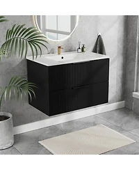 Sillysis 30" Wall Mounted Bathroom Vanity with Ceramic Sink, Fluted Mdf Cabinet & Drawers for Modern Small Bathrooms-Sillysis