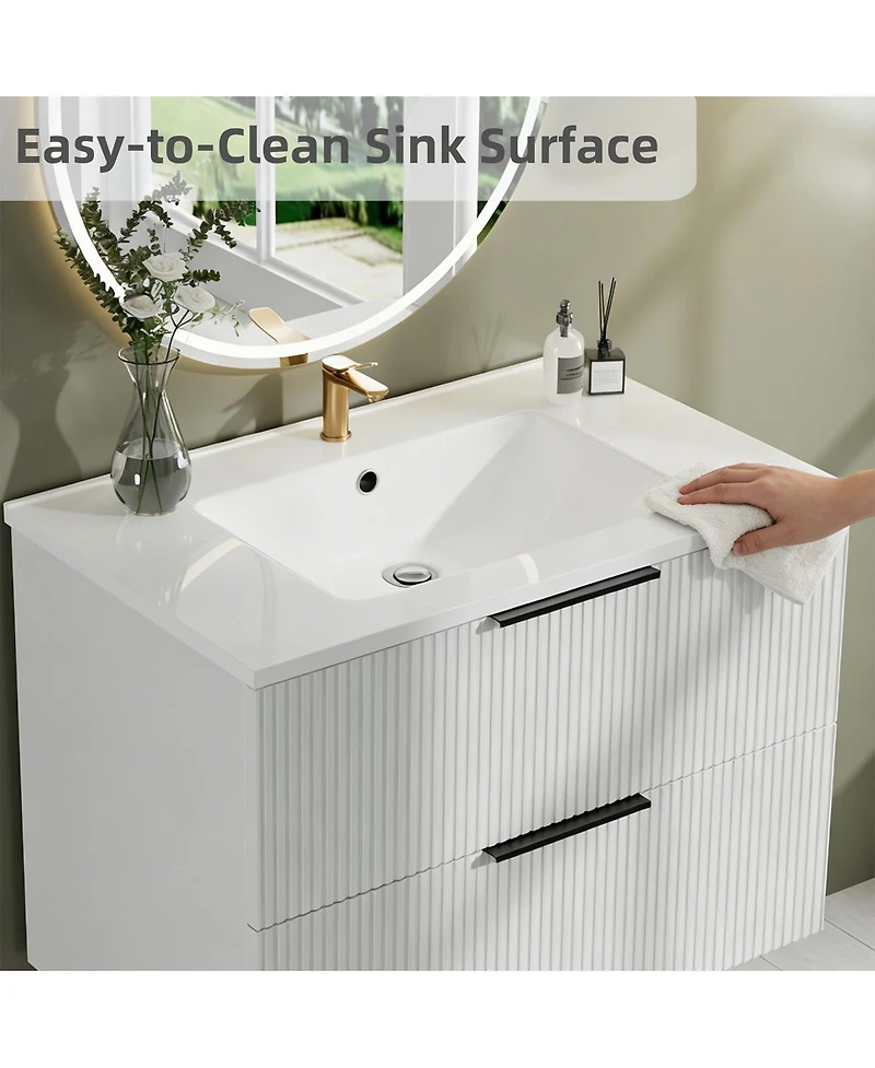 Sillysis 30" Wall Mounted Bathroom Vanity with Ceramic Sink, Fluted Mdf Cabinet & Drawers for Modern Small Bathrooms-Sillysis