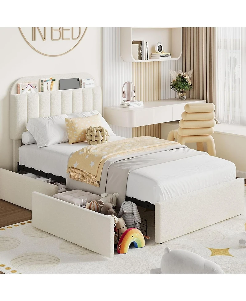 gaomon Bed Frame Storage Headboard 2 Drawers Boucle Upholstered Platform Bookcase Easy Assembly No Box