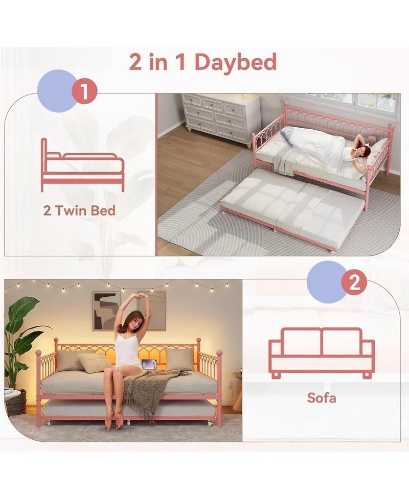 gaomon Metal Daybed with Trundle Sofa Bed Frame Charging Station Led Lights for Living Room Guest Room Apartment