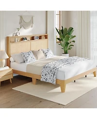 gaomon Rattan Bed Frame Led Lights Boho Wood Platform Storage Headboard Charging Station Silent Slats No Box Spring