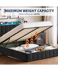 gaomon Full Bed Frame Lift-Up Storage Led Lights Upholstered Velvet Charging Headboard Metal Frame No Box Spring