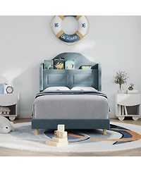 gaomon Twin Bed Frame Headboard Built-in Led Lights Velvet Upholstered Platform Wing Back Easy Assembly No Box Spring Noise Free