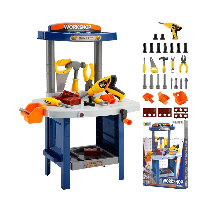 Bruce & Shark 37-Piece Kids Workbench with Realistic Electric Drill, Pretend Play Tool Set for Ages 3-6