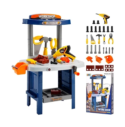 Bruce & Shark 37-Piece Kids Workbench with Realistic Electric Drill, Pretend Play Tool Set for Ages 3-6