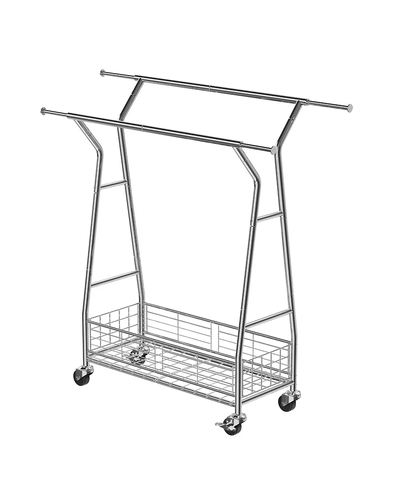 Rainsken Clothes Rack, Rolling Clothing Garment Rack, Extendable Carbon Steel Clothing Racks with 2 Hanging Rods and Storage Basket for Living Room