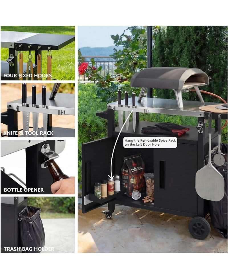 Rainsken Outdoor Grill Cart with Drop Leaf, Metal Bar Cart with Wheels, Stainless Steel Top, Storage Cabinet, Spice and Paper Rack for Bbq