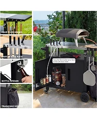 Rainsken Outdoor Grill Cart with Drop Leaf, Metal Bar Cart with Wheels, Stainless Steel Top, Storage Cabinet, Spice and Paper Rack for Bbq