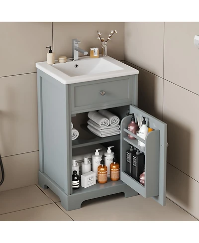 Sillysis 20" Bathroom Vanity with Ceramic Sink, Soft Closing Door & Storage Rack, Freestanding Cabinet for Small Bathrooms
