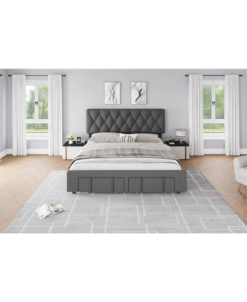 gaomon Full Bed Frame Diamond Tufted Headboard Upholstered Platform Storage Drawer Wooden Slats No Box Spring Noise-Free