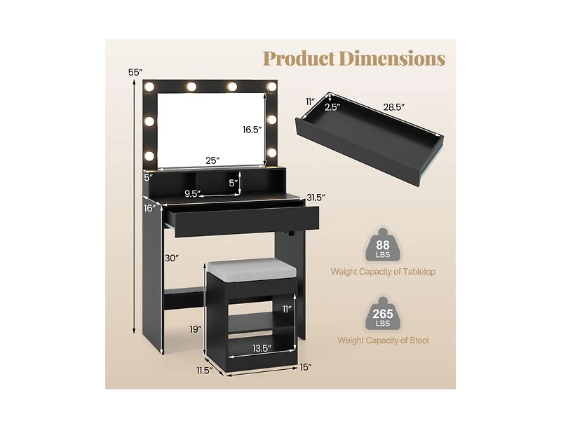Slickblue Vanity Table Set with Lighted Mirror and Cushion Stool-Black