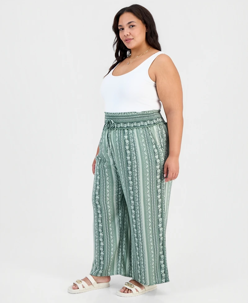 Kingston Grey Trendy Plus Printed Smocked-Waist Wide-Leg Pants