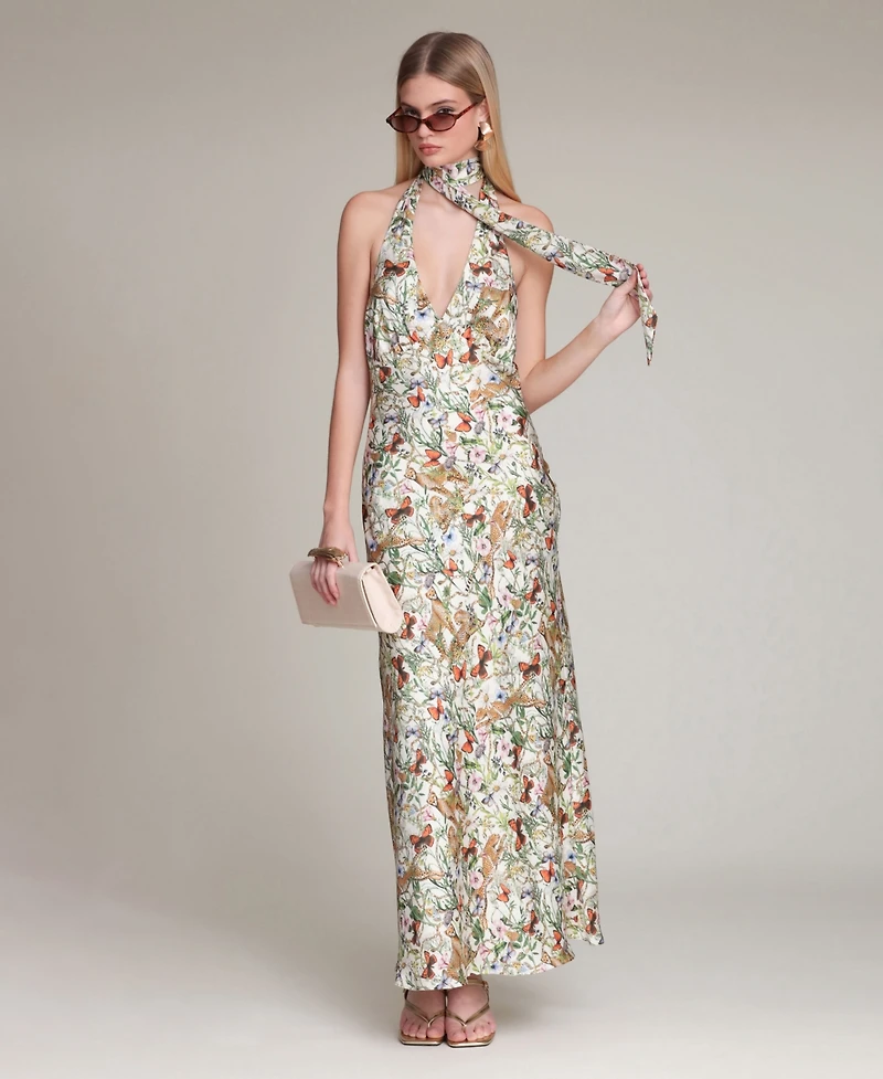 Avec Les Filles Women's Printed Halter Scarf-Tie Maxi Dress