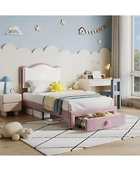 gaomon Twin Upholstered Bed Frame 2 Storage Drawers Velvet Princess Platform Double Wavy Headboard Wood Slats No Box Spring