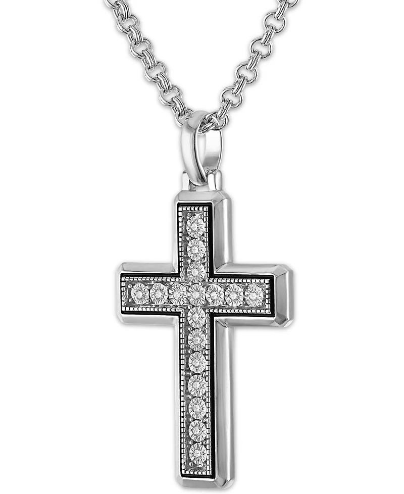 Macy's Men's Diamond (1/8 ct. t.w.) Cross Pendant Necklace in Sterling Silver