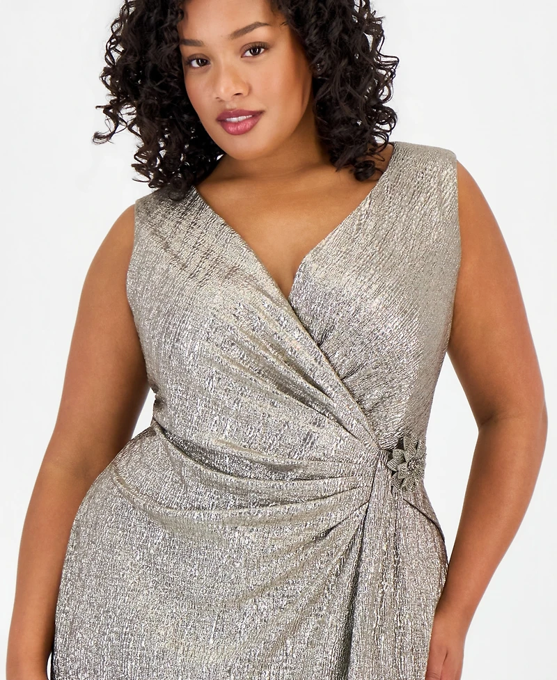 Connected Plus Sleeveless Surplice Flower-Detail Dress