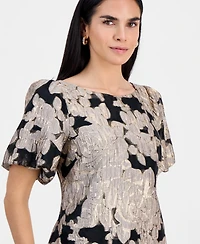 Connected Petite Jacquard Bubble-Sleeve Boat-Neck Dress