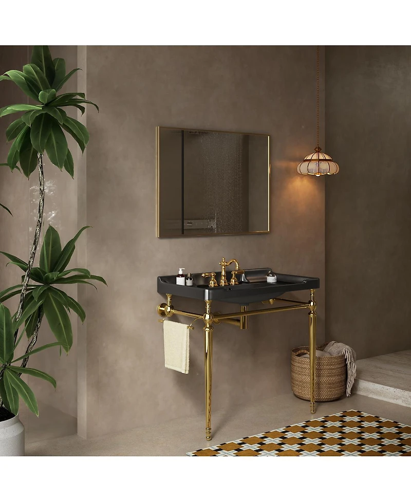 Sillysis 36" Bathroom Console Sink with Black Ceramic Vanity, Wall Mounted Basin & Stainless Steel Legs, Towel Bar Included