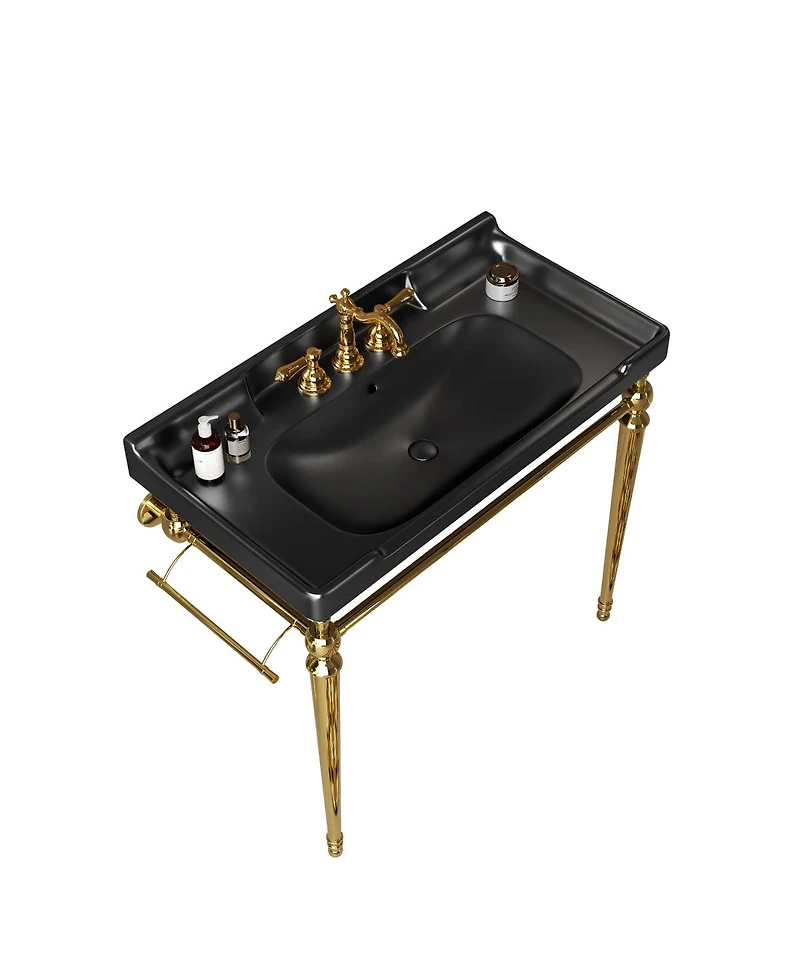 Sillysis 36" Bathroom Console Sink with Black Ceramic Vanity, Wall Mounted Basin & Stainless Steel Legs, Towel Bar Included