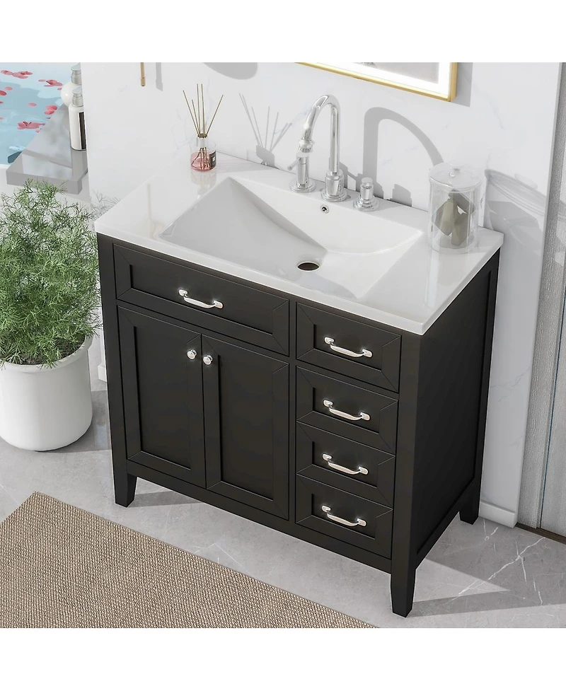 Sillysis 36" Bathroom Vanity with Ceramic Sink, Solid Wood Frame, Storage Cabinet & Drawers for Modern Bathrooms