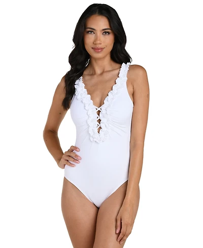 La Blanca Women's Island Goddess Ruffle Plunge One-Piece Swimsuit