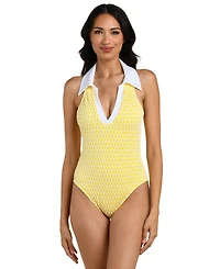 La Blanca Women's Prep & Paddle Collared V-Neck One-Piece Swimsuit