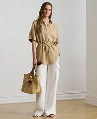 Lauren Ralph Petite Linen Drawcord-Waist Collared Tunic Top