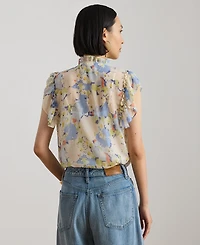 Lauren Ralph Petite Floral-Print Ruffle Band Collar Georgette Top