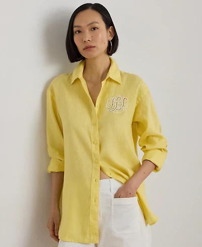 Lauren Ralph Petite Pink Eyelet-Logo Collared Shirt