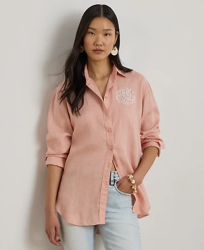 Lauren Ralph Petite Pink Eyelet-Logo Collared Shirt