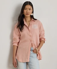 Lauren Ralph Petite Pink Eyelet-Logo Collared Shirt