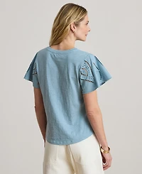 Lauren Ralph Petite Eyelet Flutter-Sleeve Crewneck Top