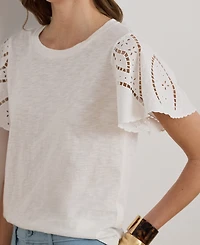 Lauren Ralph Petite Eyelet Flutter-Sleeve Crewneck Top