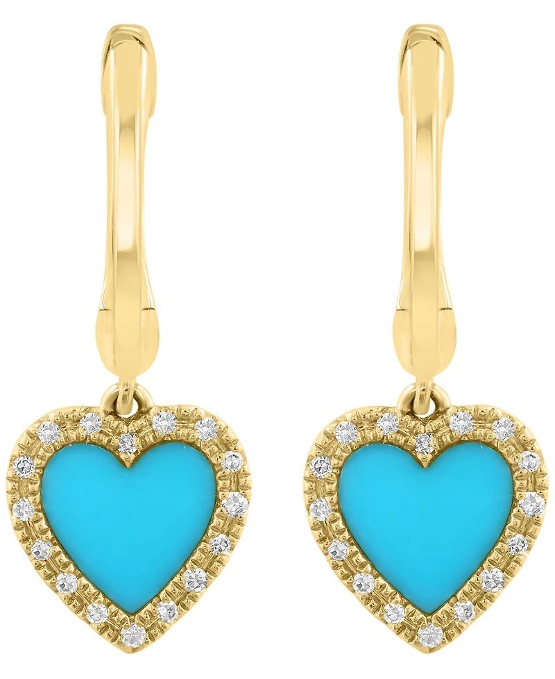 Effy Collection Turquoise & Diamond (1/10 ct. t.w.) Heart Drop Earrings in 14k Yellow Gold
