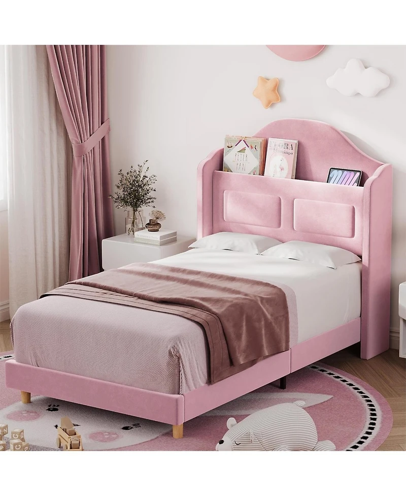 gaomon Upholstered Twin Bed Frame with Led Lights, Velvet Platform Wing Back Storage Headboard, Wood Slats Support, Easy Assembly