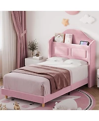 gaomon Upholstered Twin Bed Frame with Led Lights, Velvet Platform Wing Back Storage Headboard, Wood Slats Support, Easy Assembly