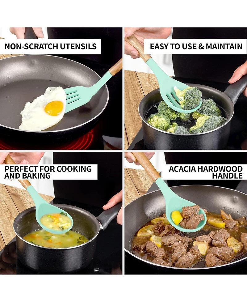 5 Piece Silicone Utensils Set with Authentic Acacia Wood Handles