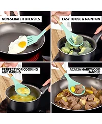 5 Piece Silicone Utensils Set with Authentic Acacia Wood Handles