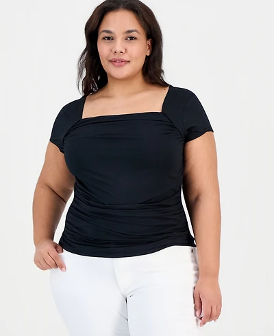 Full Circle Trends Trendy Plus Yummy Ruched Square-Neck Shrug Top