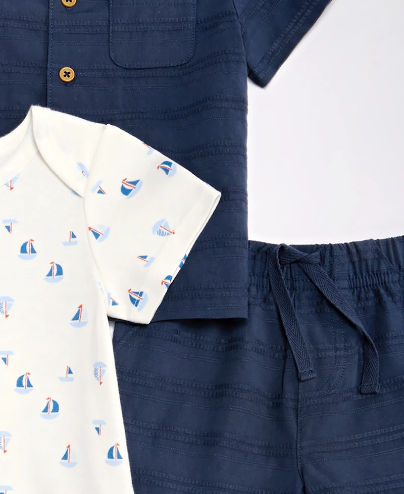 First Impressions Baby Boys' 3M-24M Resort Cotton Shirt, Bodysuit & Shorts, 3-Piece Set, Macy's Exclusive